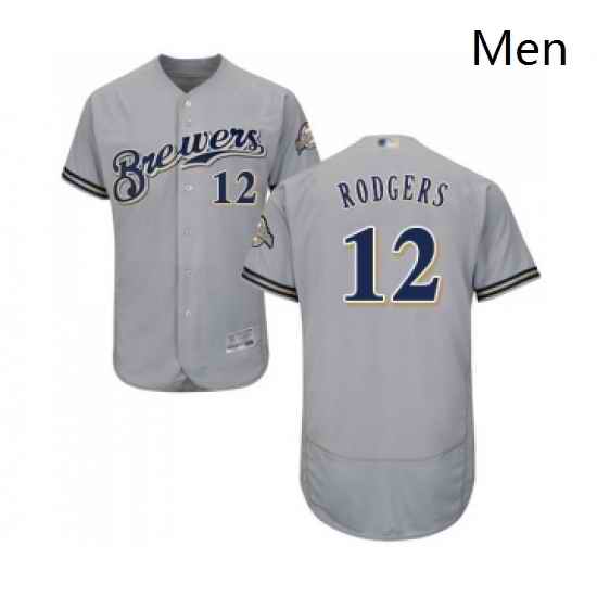 Mens Milwaukee Brewers 12 Aaron Rodgers Grey Road Flex Base Authentic Collection Baseball Jersey